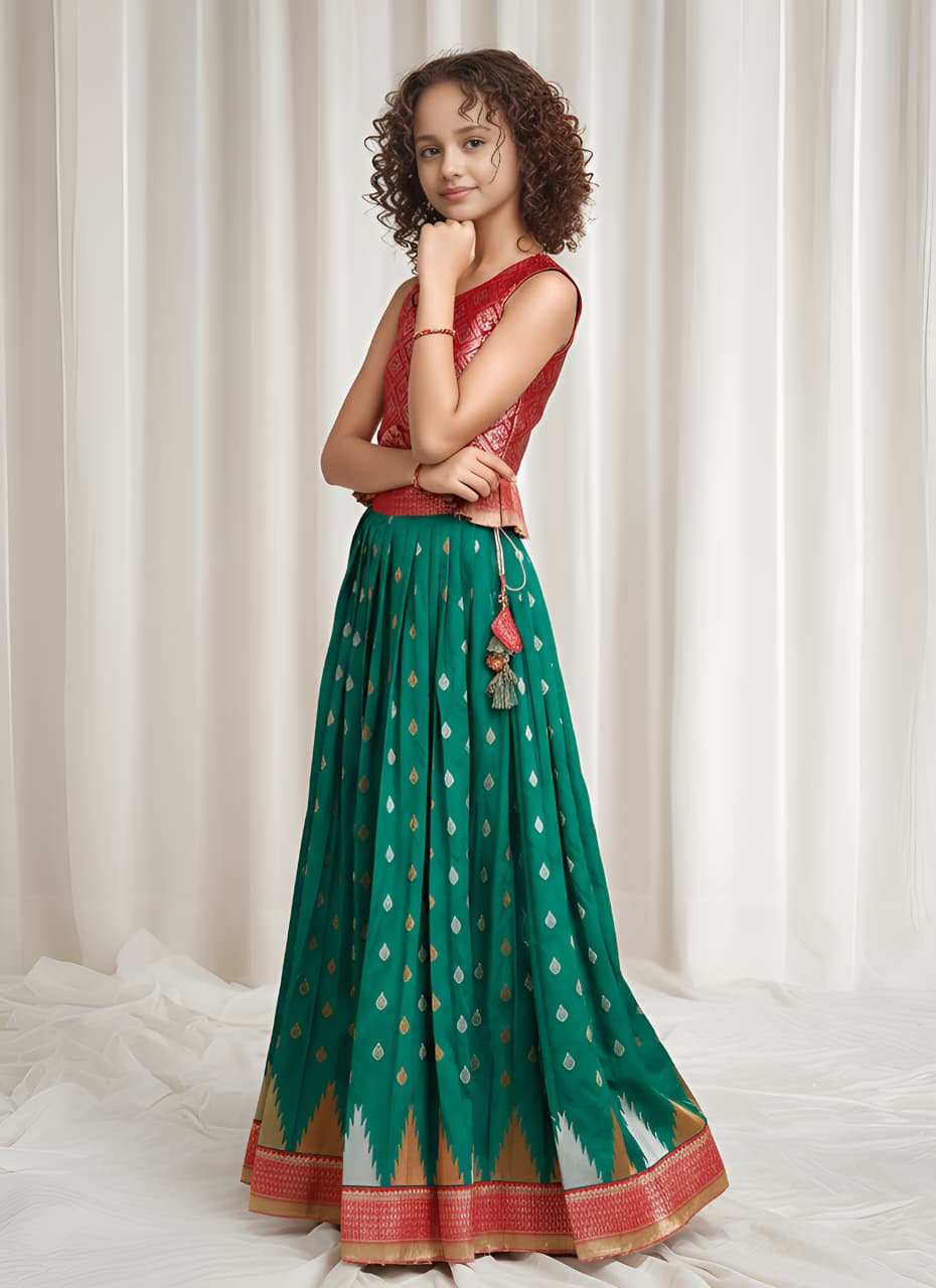 Green Pure Silk Blend Kids Girl's Lehenga Choli