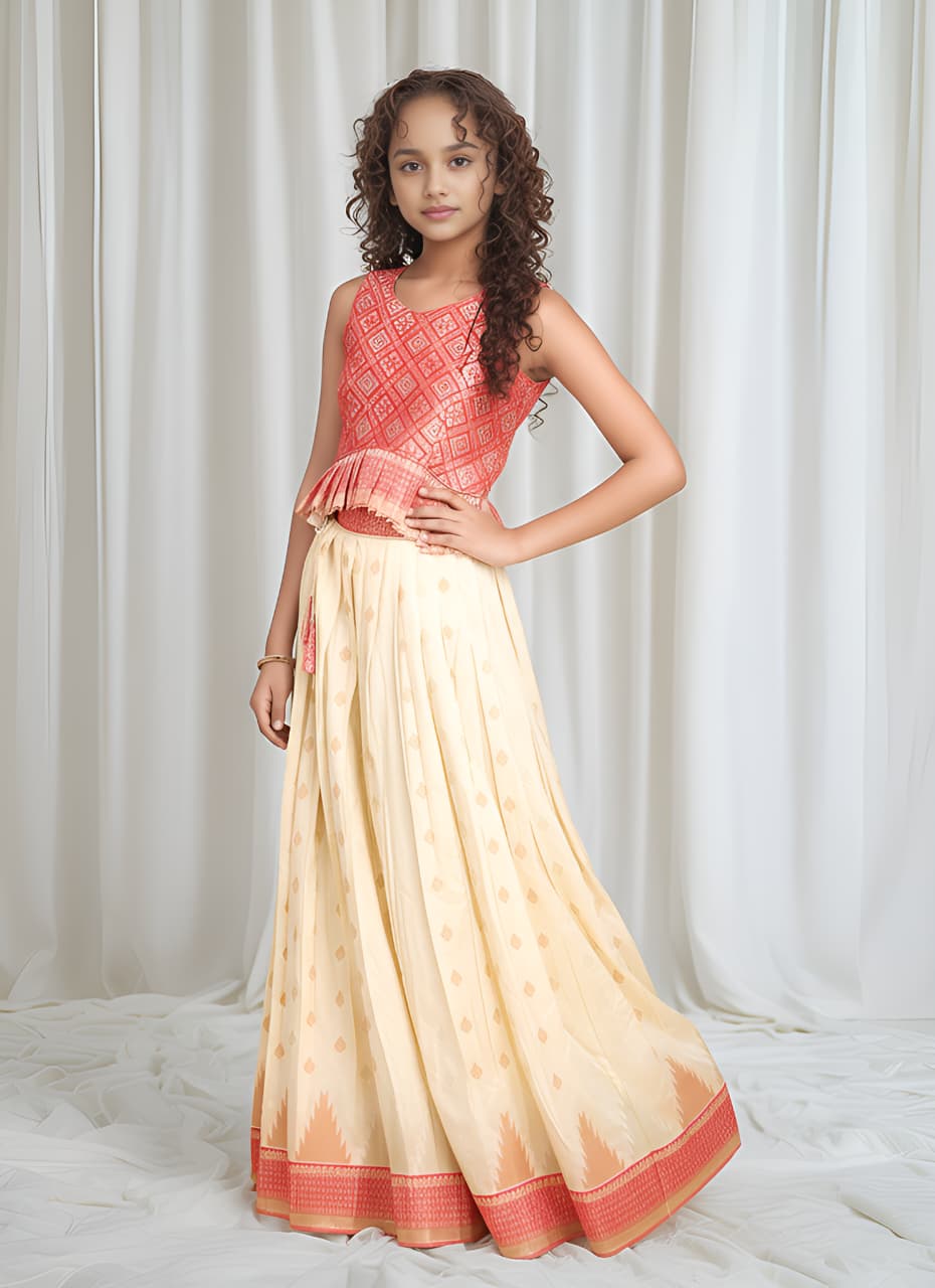 Cream Pure Silk Blend Kids Girl's Lehenga Choli