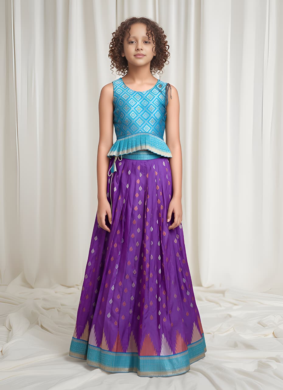 Magenta Pure Silk Blend Kids Girl's Lehenga Choli