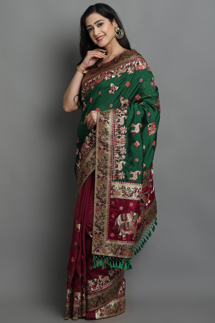 Red &amp; Green Pure Soft Silk Half Half Panetar Saree Panetar Saree Anant Tex Exports Pvt.Ltd..