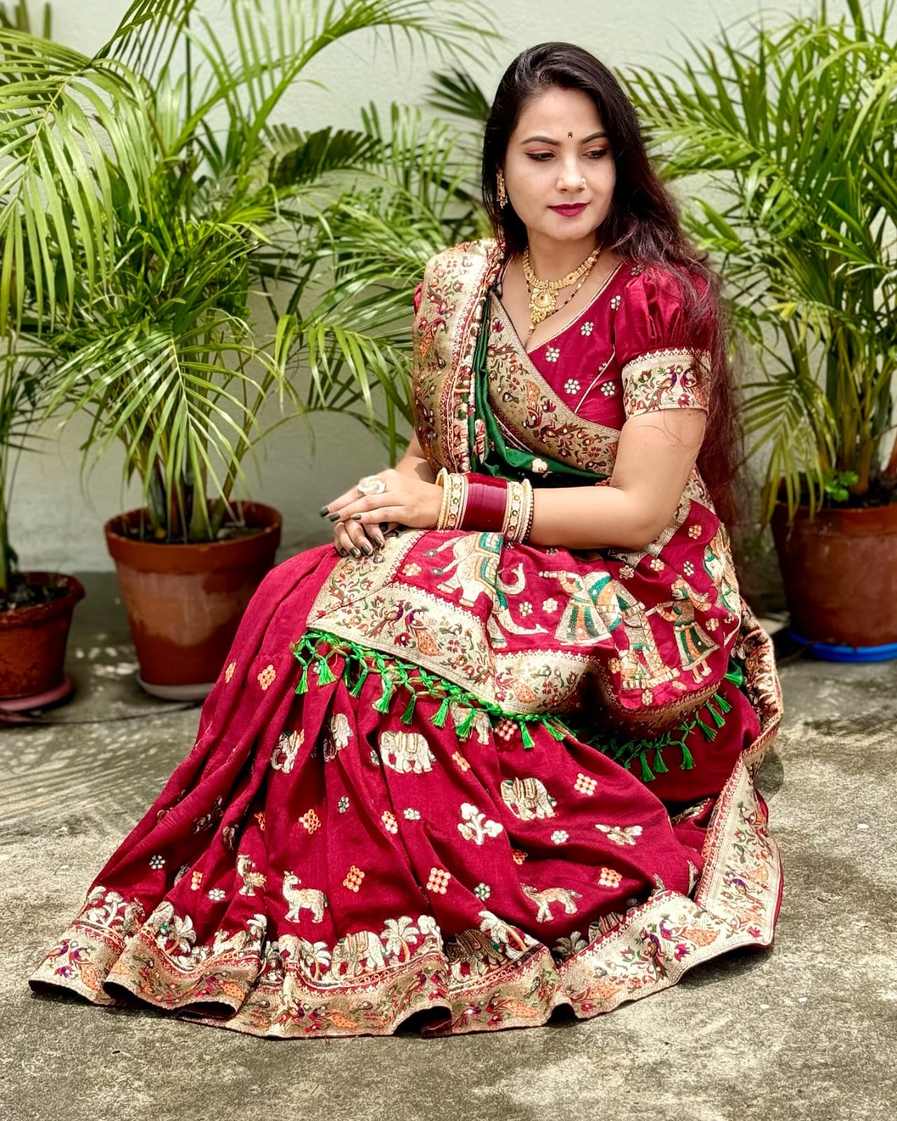 Red & Green Pure Soft Silk Half Half Panetar Saree