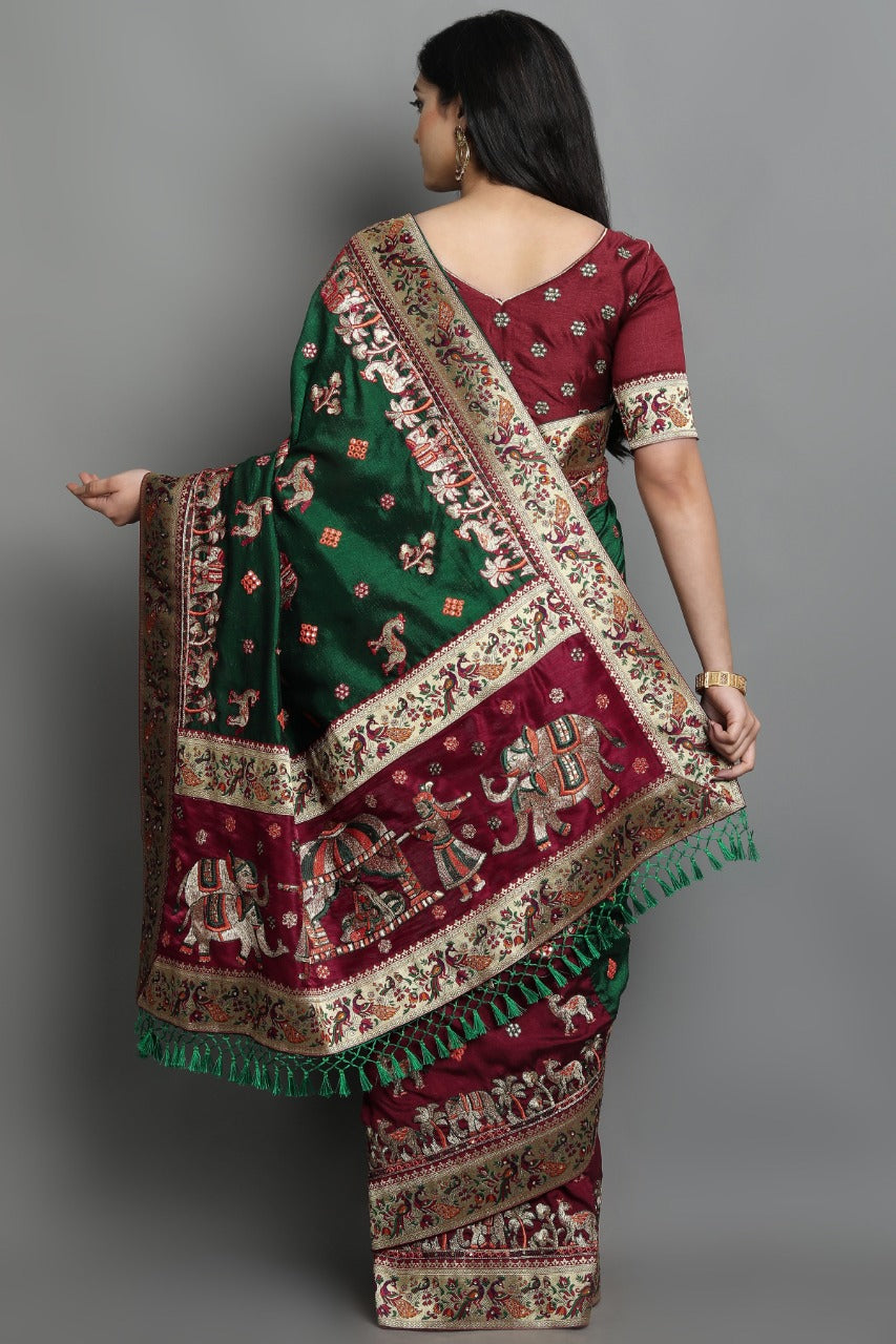 Red &amp; Green Pure Soft Silk Half Half Panetar Saree Panetar Saree Anant Tex Exports Pvt.Ltd..