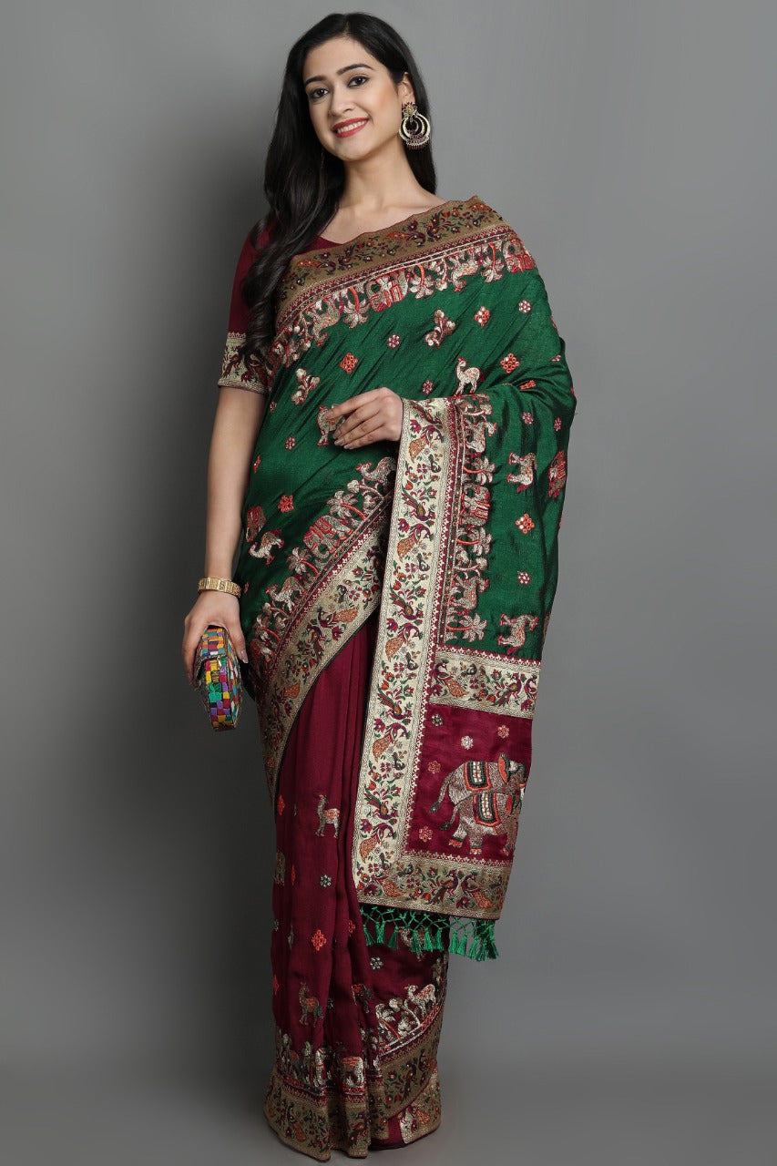 Red & Green Pure Soft Silk Half Half Panetar Saree
