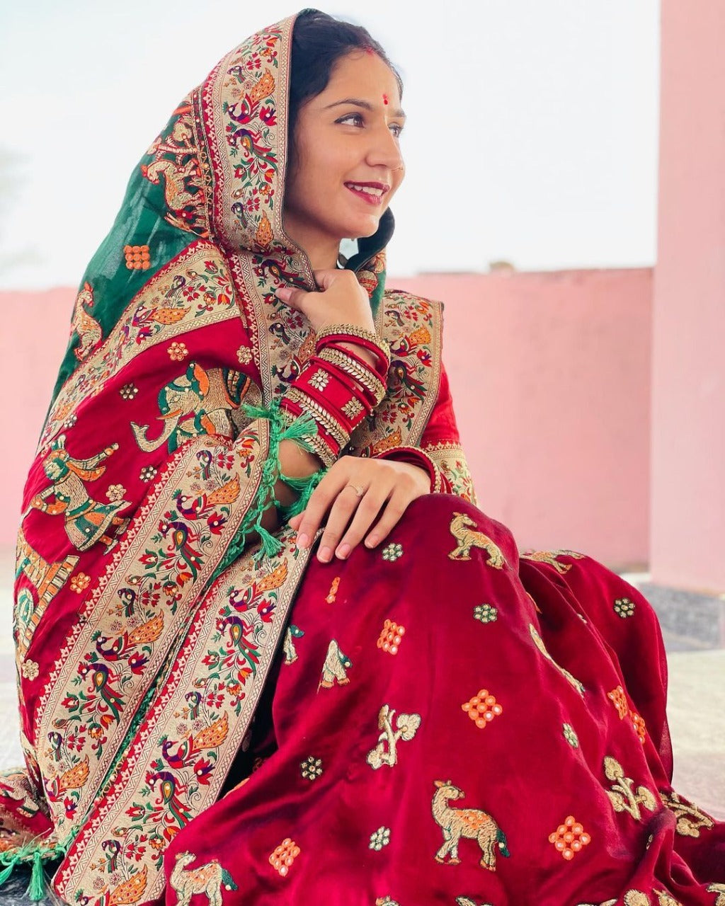 Red & Green Pure Soft Silk Half Half Panetar Saree