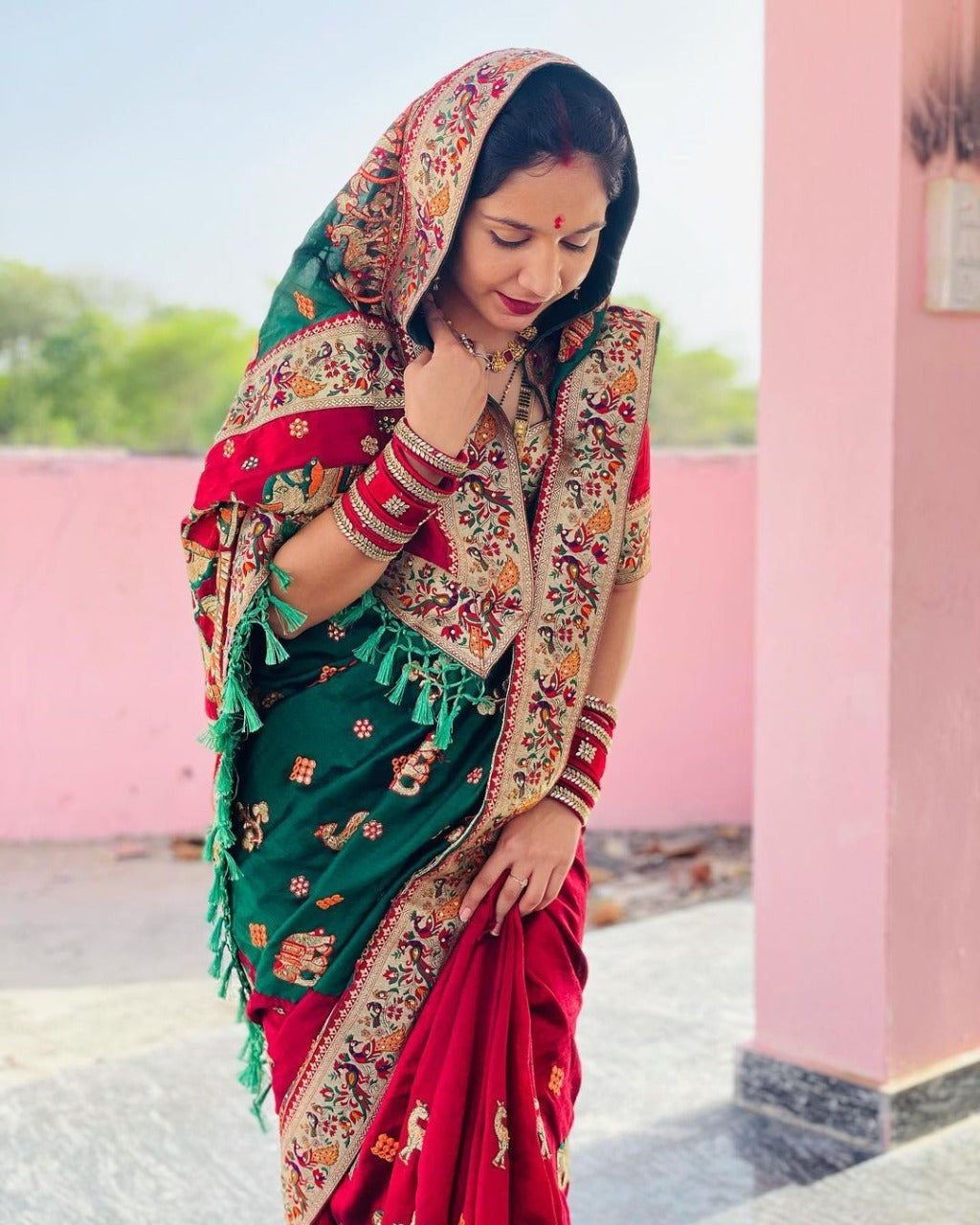 Red & Green Pure Soft Silk Half Half Panetar Saree