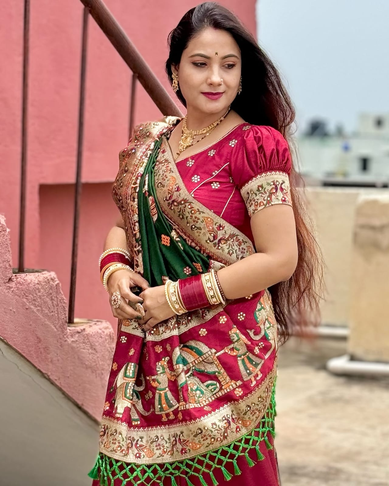 Red & Green Pure Soft Silk Half Half Panetar Saree