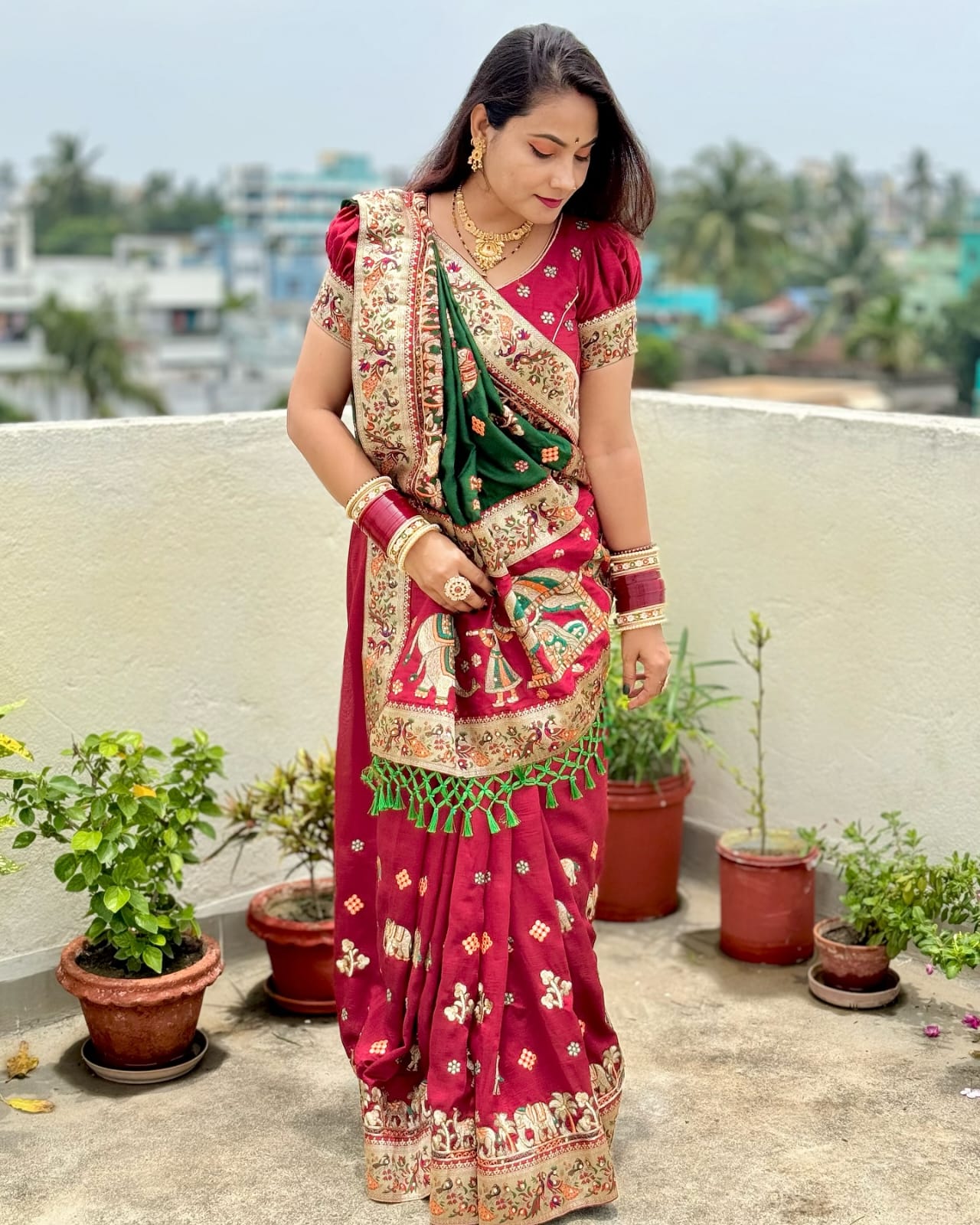Red & Green Pure Soft Silk Half Half Panetar Saree