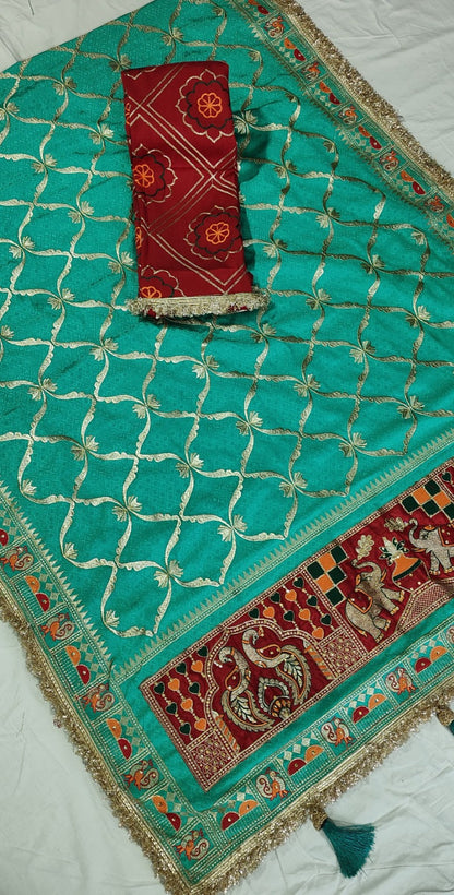 Rama Green Pure Jacquard Soft Silk Traditional Bandhani Saree Panetar Saree Anant Tex Exports Pvt.Ltd..