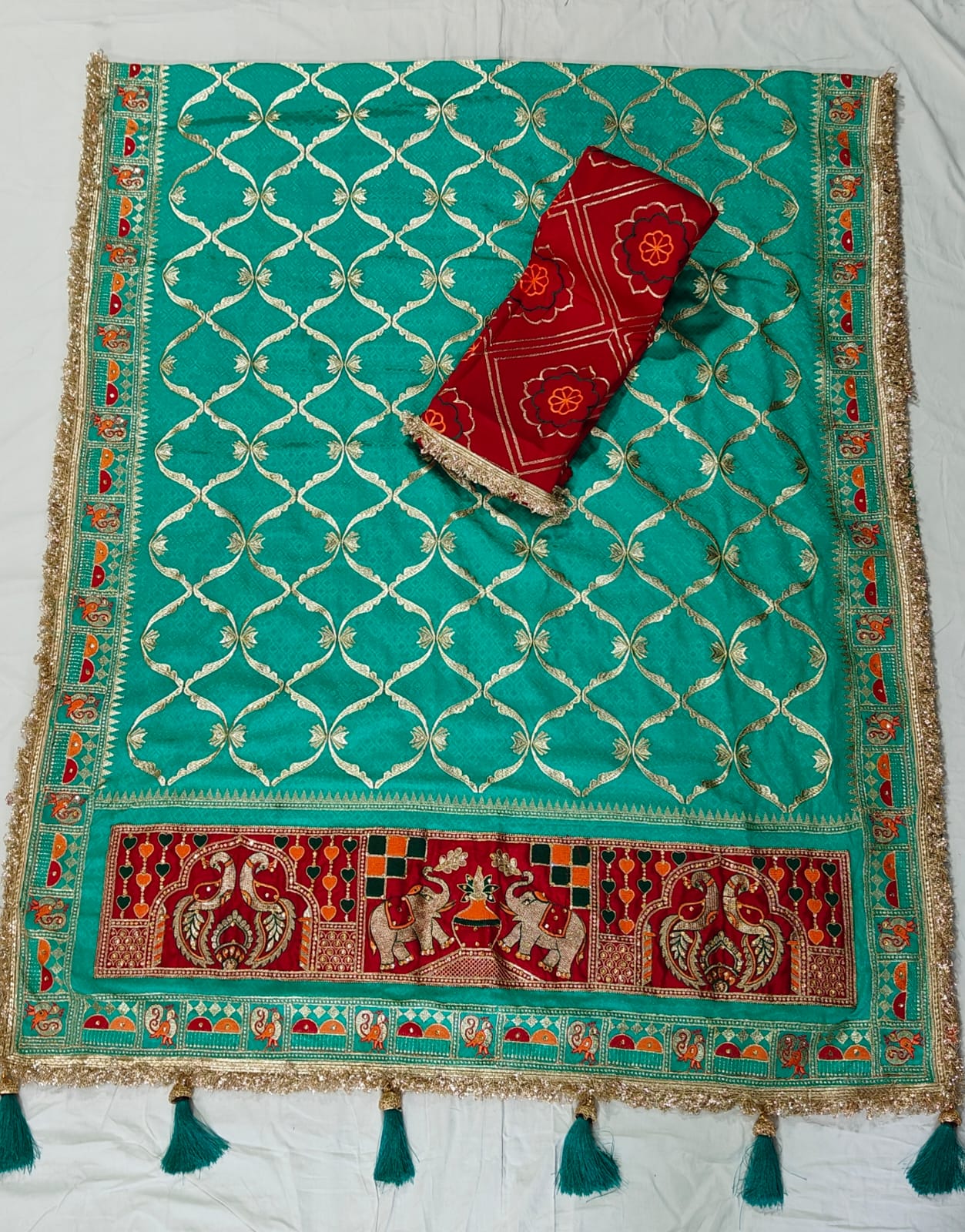 Rama Green Pure Jacquard Soft Silk Traditional Bandhani Saree