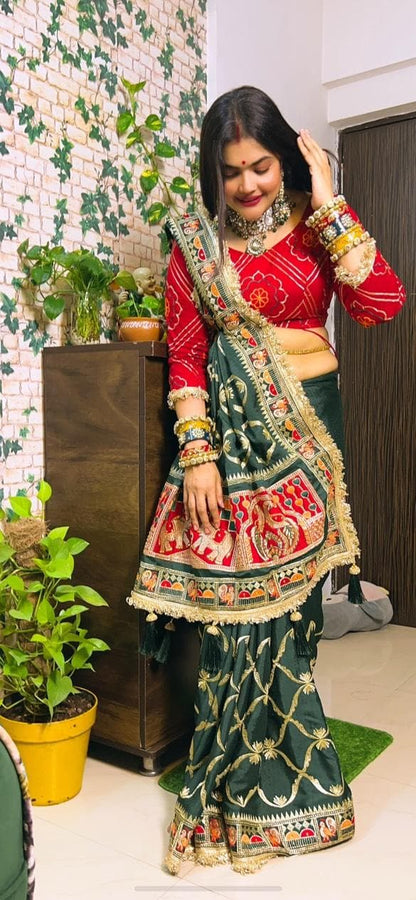Green Pure Jacquard Soft Silk Traditional Bandhani Saree Panetar Saree Anant Tex Exports Pvt.Ltd..
