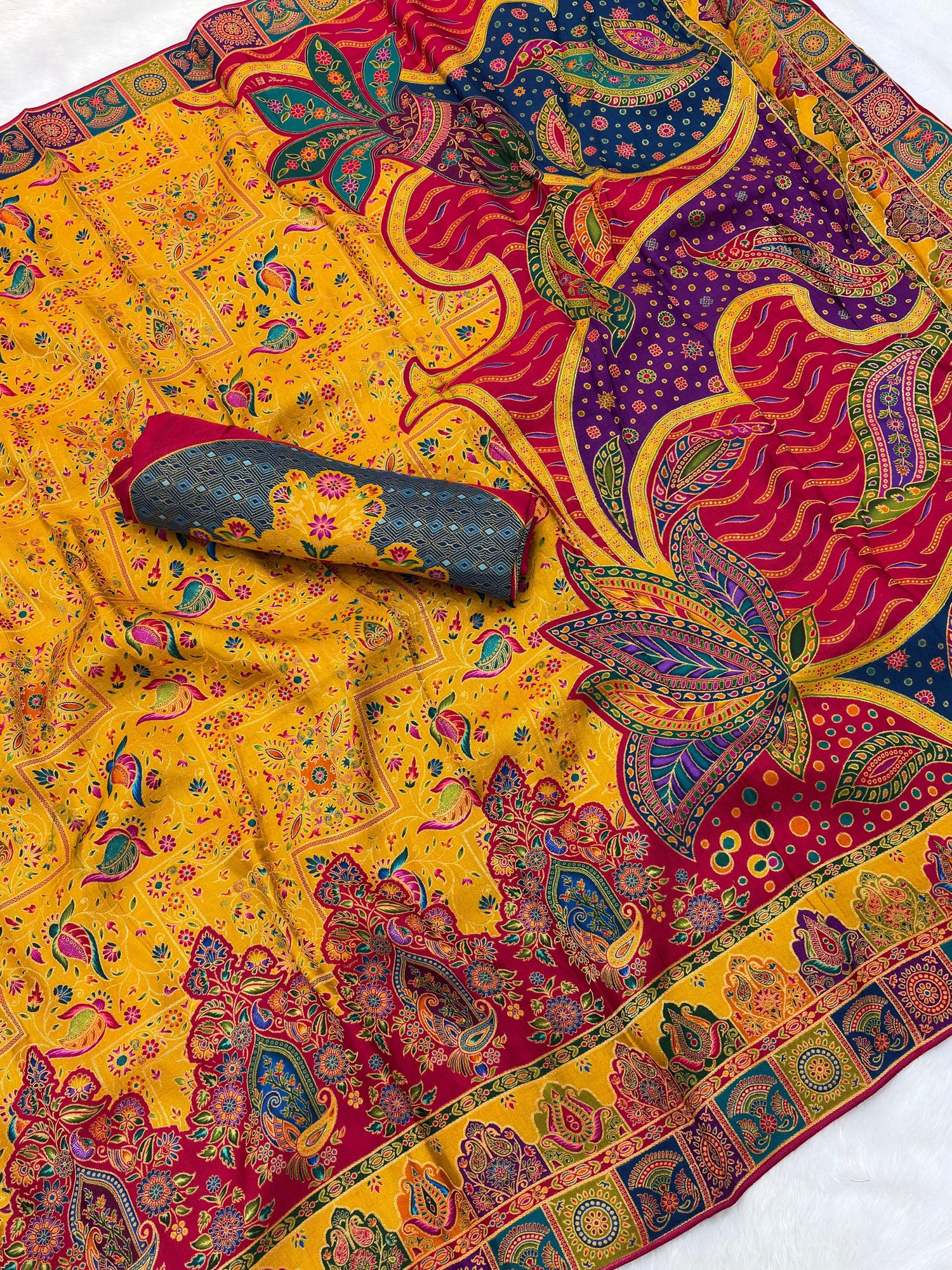 Yellow Soft Viscose Silk Meenakari Traditional Weeding Saree Tussar Saree Anant Tex Exports Pvt.Ltd..