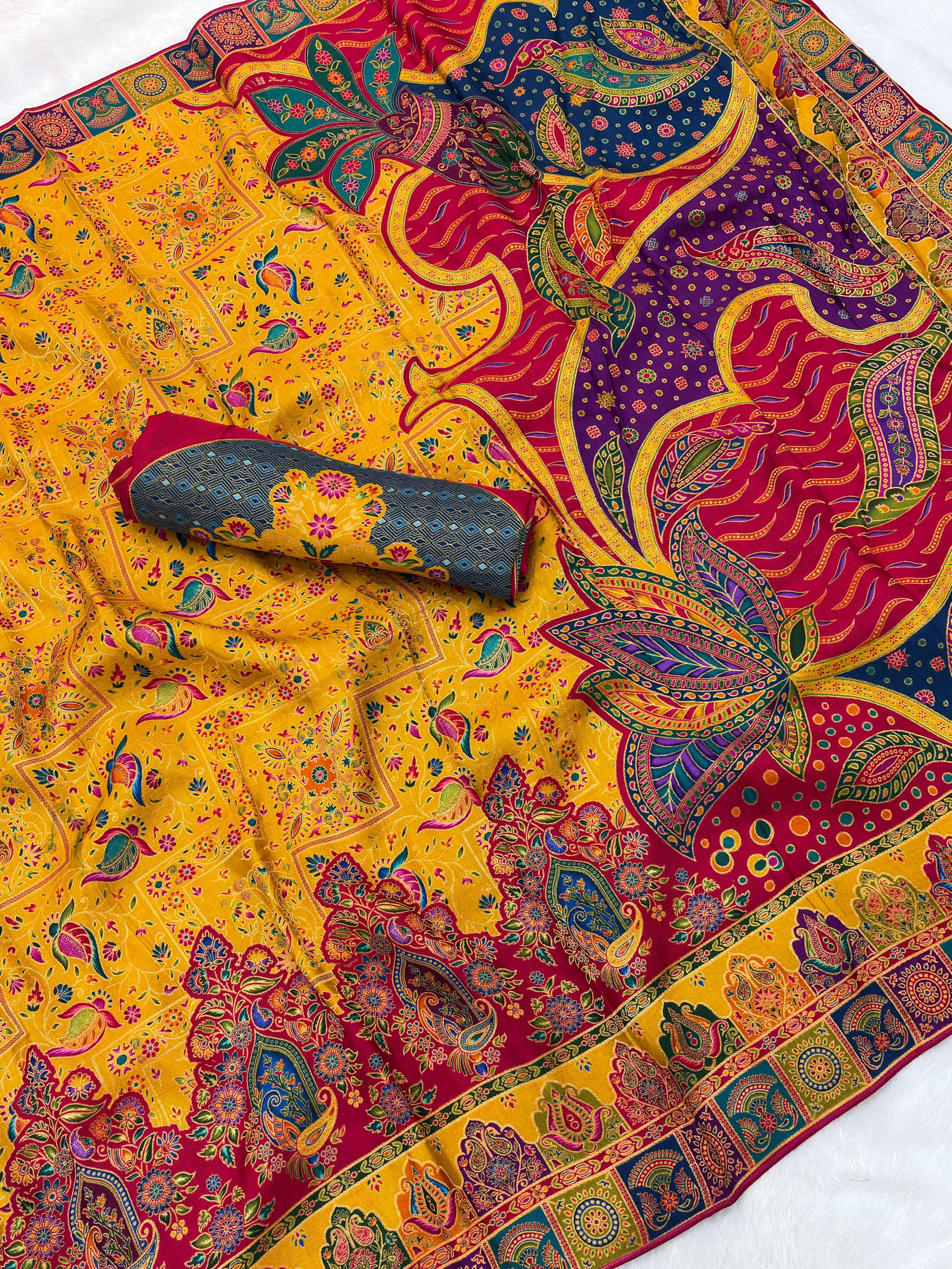 Yellow Soft Viscose Silk Meenakari Traditional Weeding Saree Tussar Saree Anant Tex Exports Pvt.Ltd..