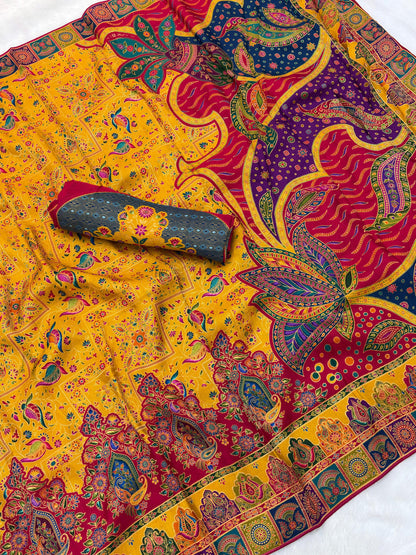 Yellow Soft Viscose Silk Meenakari Traditional Weeding Saree Tussar Saree Anant Tex Exports Pvt.Ltd..