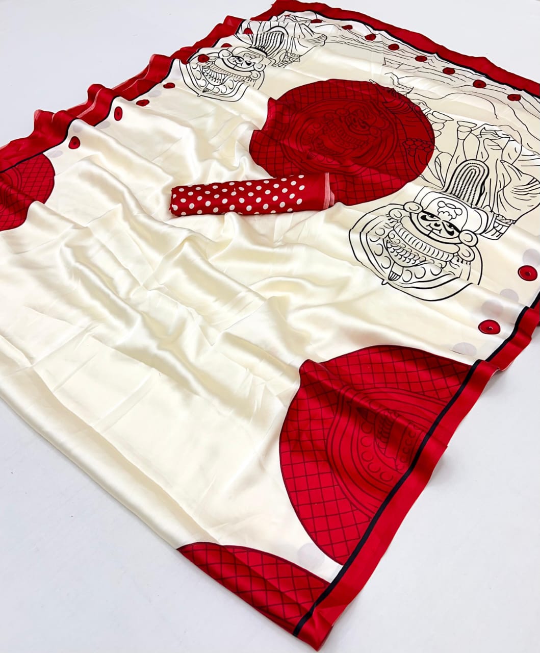 Red Pure Soft Modal Satin Ajrakh Print Satin Saree Japan Satin Saree Anant Tex Exports Pvt.Ltd..