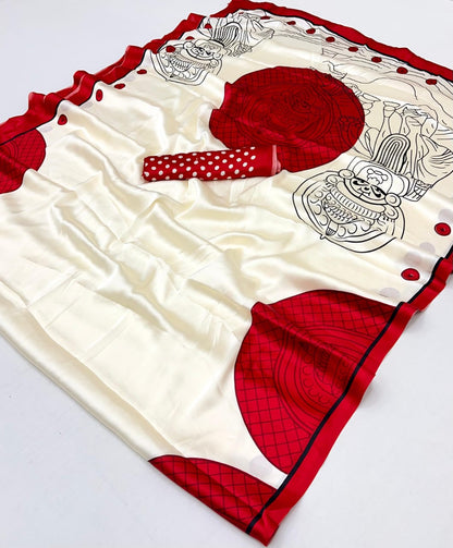 Red Pure Soft Modal Satin Ajrakh Print Satin Saree Japan Satin Saree Anant Tex Exports Pvt.Ltd..