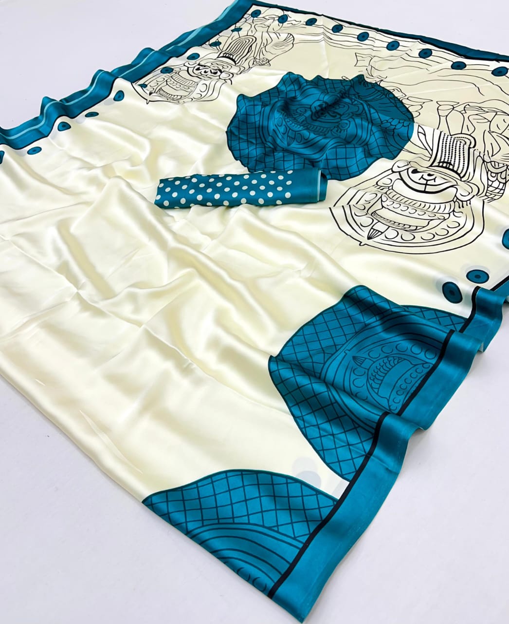 Sky Pure Soft Modal Satin Ajrakh Print Satin Saree Japan Satin Saree Anant Tex Exports Pvt.Ltd..