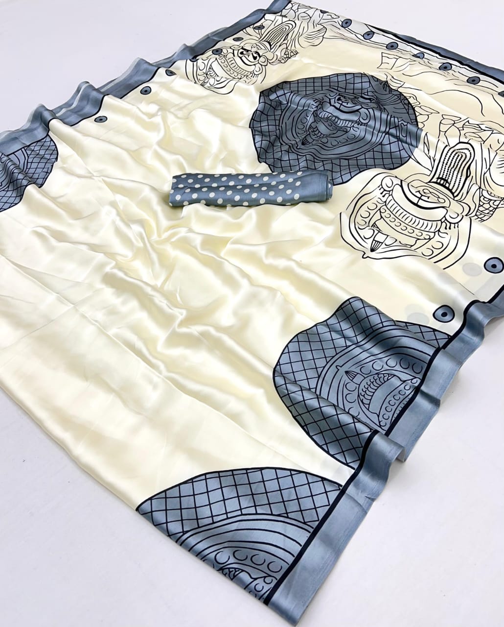Grey Pure Soft Modal Satin Ajrakh Print Satin Saree Japan Satin Saree Anant Tex Exports Pvt.Ltd..