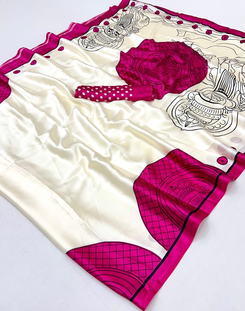 Pink Pure Soft Modal Satin Ajrakh Print Satin Saree Japan Satin Saree Anant Tex Exports Pvt.Ltd..