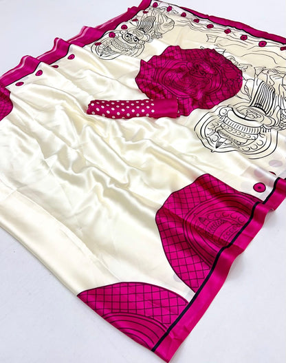 Pink Pure Soft Modal Satin Ajrakh Print Satin Saree Japan Satin Saree Anant Tex Exports Pvt.Ltd..