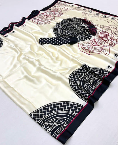 Black Pure Soft Modal Satin Ajrakh Print Satin Saree Japan Satin Saree Anant Tex Exports Pvt.Ltd..