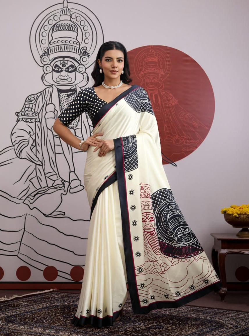 Black Pure Soft Modal Satin Ajrakh Print Satin Saree Japan Satin Saree Anant Tex Exports Pvt.Ltd..