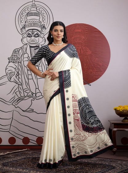 Black Pure Soft Modal Satin Ajrakh Print Satin Saree Japan Satin Saree Anant Tex Exports Pvt.Ltd..