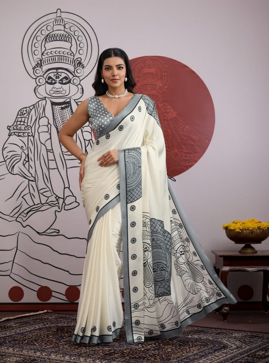 Grey Pure Soft Modal Satin Ajrakh Print Satin Saree Japan Satin Saree Anant Tex Exports Pvt.Ltd..