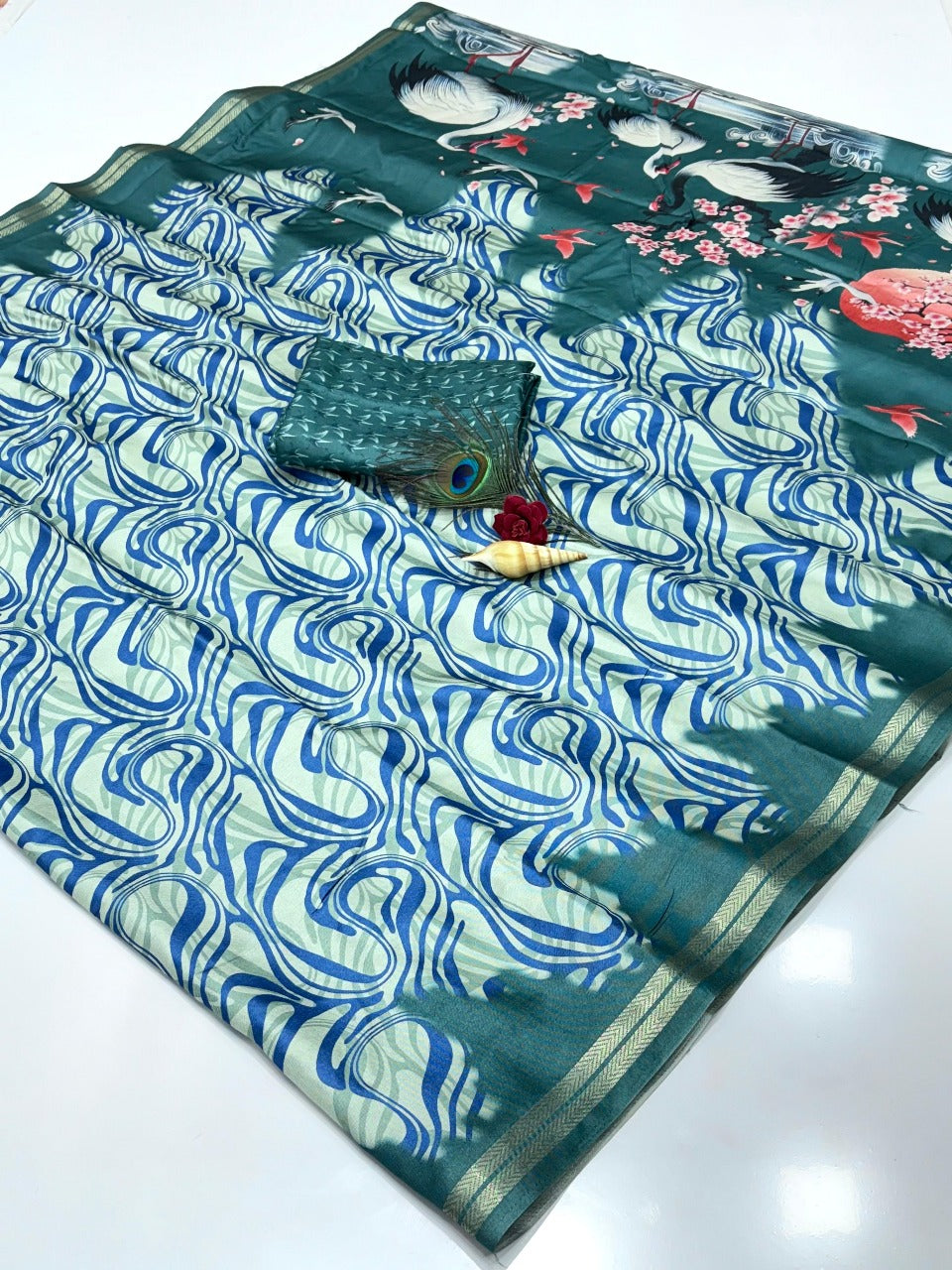 Blue Soft Tussar Silk Abstract Printed Zari Woven Saree Tussar Saree