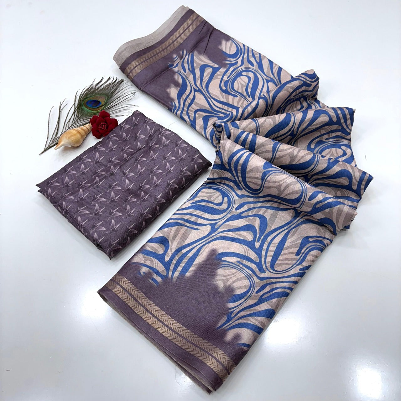 Grey Soft Tussar Silk Abstract Printed Zari Woven Saree Tussar Saree