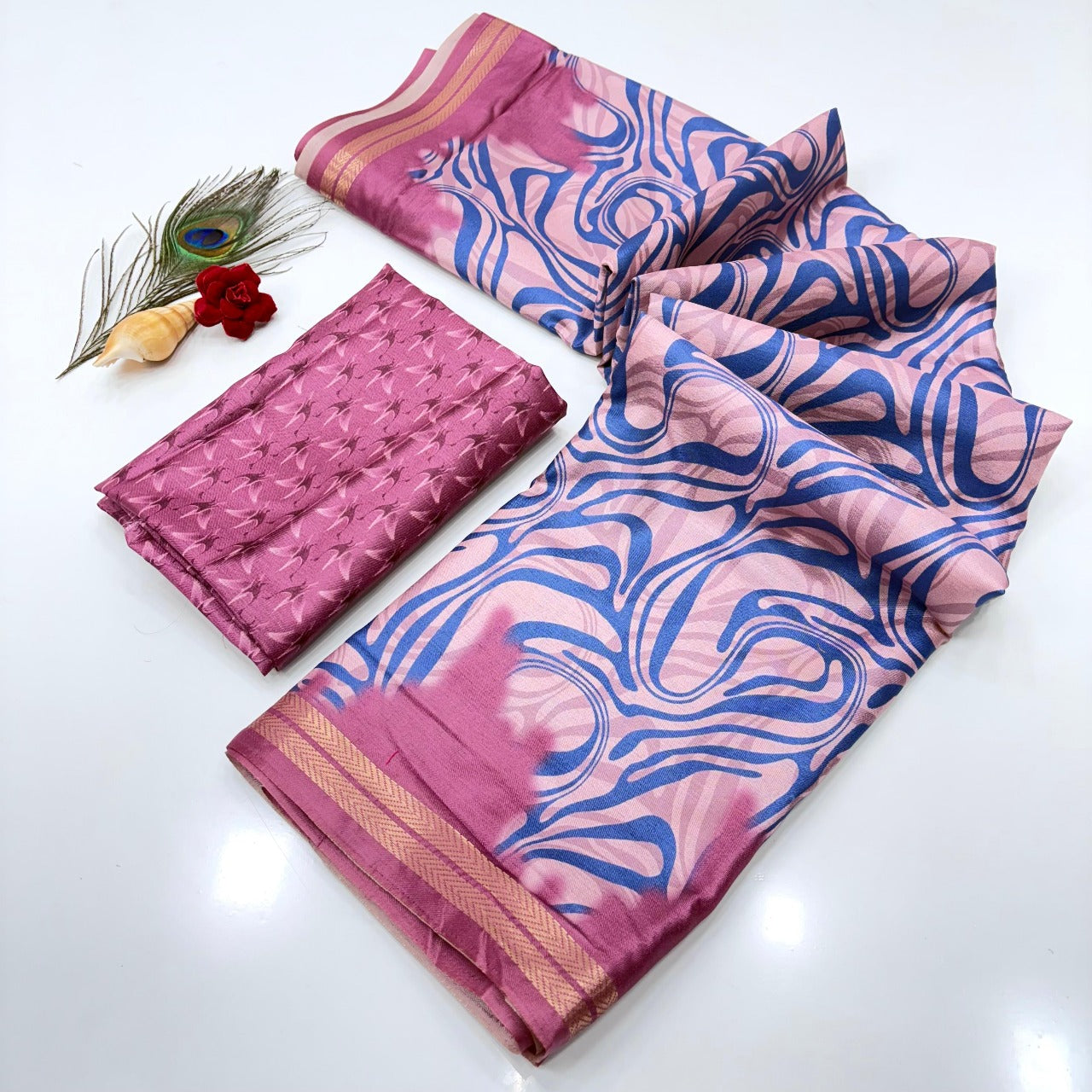 Pink Soft Tussar Silk Abstract Printed Zari Woven Saree Tussar Saree
