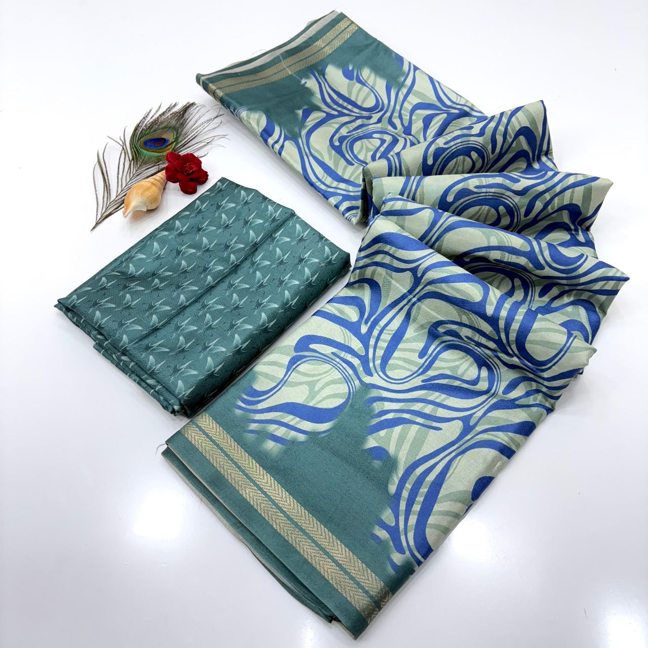 Blue Soft Tussar Silk Abstract Printed Zari Woven Saree Tussar Saree