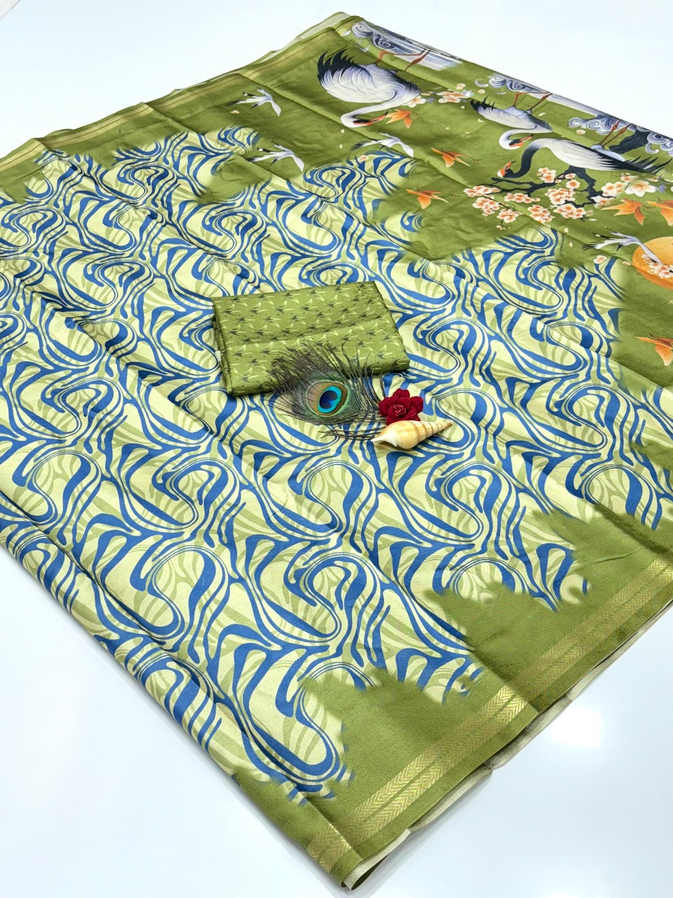 Green Soft Tussar Silk Abstract Printed Zari Woven Saree Tussar Saree