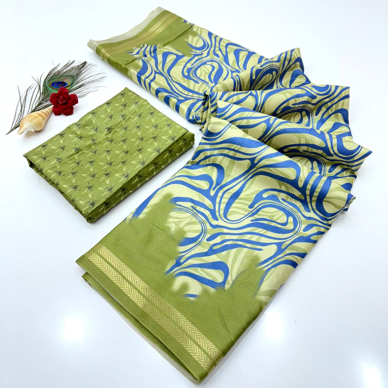 Green Soft Tussar Silk Abstract Printed Zari Woven Saree Tussar Saree