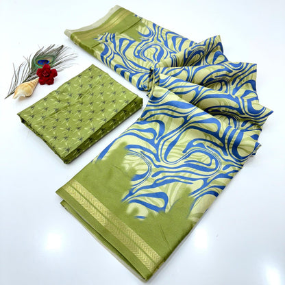 Green Soft Tussar Silk Abstract Printed Zari Woven Saree Tussar Saree Tussar Saree Anant Tex Exports Pvt.Ltd..