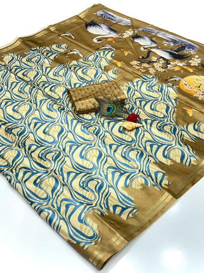 Gold Soft Tussar Silk Abstract Printed Zari Woven Saree Tussar Saree Tussar Saree Anant Tex Exports Pvt.Ltd..