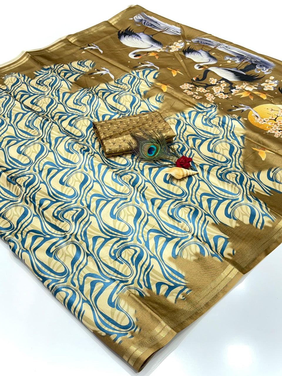 Gold Soft Tussar Silk Abstract Printed Zari Woven Saree Tussar Saree