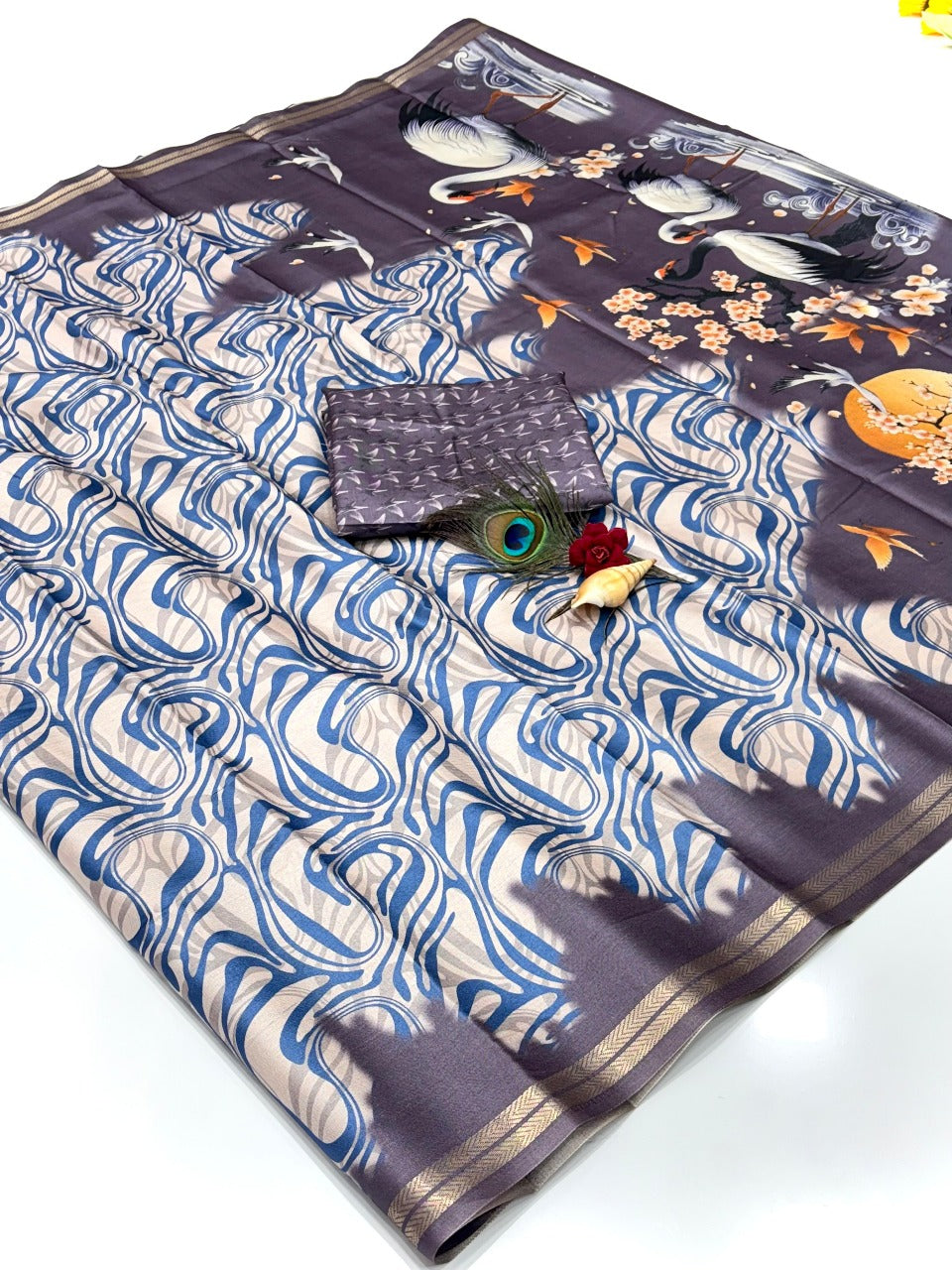 Grey Soft Tussar Silk Abstract Printed Zari Woven Saree Tussar Saree