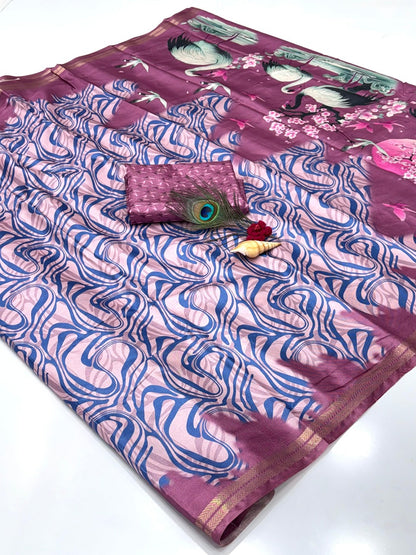 Pink Soft Tussar Silk Abstract Printed Zari Woven Saree Tussar Saree Tussar Saree Anant Tex Exports Pvt.Ltd..
