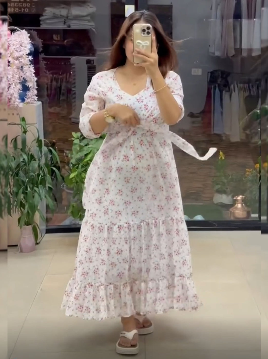 White Pure Soft Georgette Floral Print Work Gown 