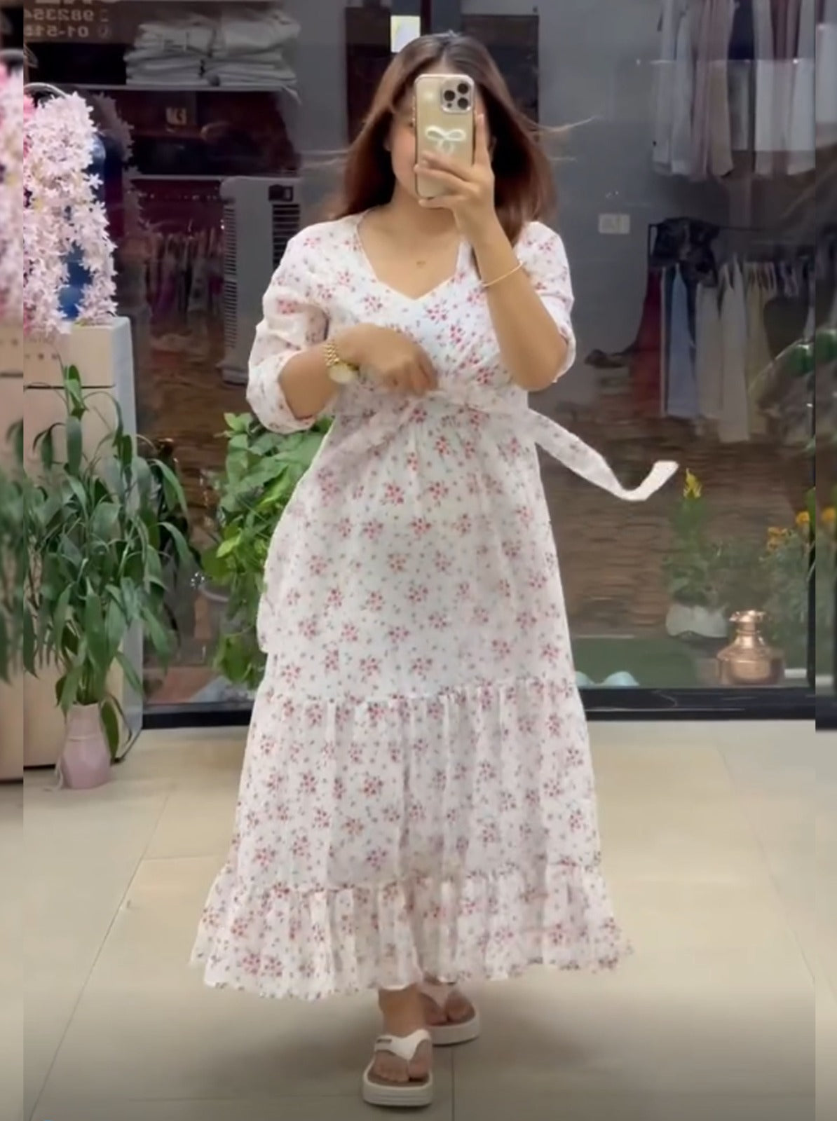 White Pure Soft Georgette Floral Print Work Gown 