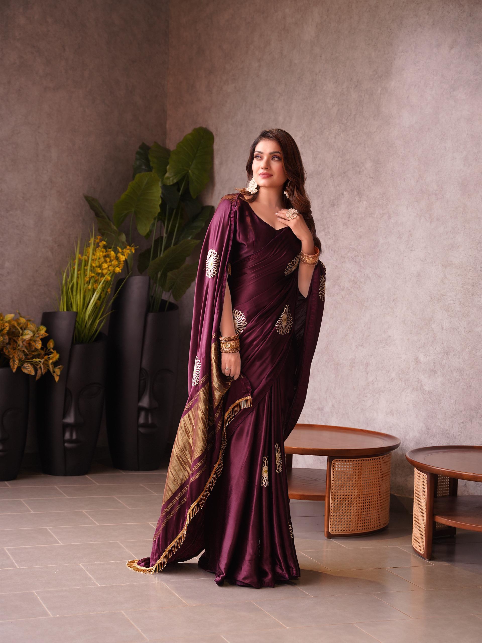 Wine Pure Gaji Silk Jaipuri Gota Patti Work Saree Gajji Silk Saree Anant Tex Exports Pvt.Ltd..
