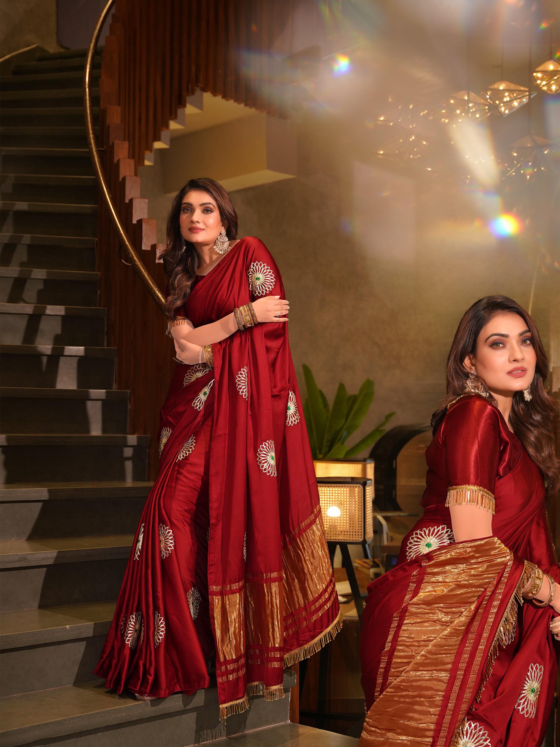 Maroon Pure Gaji Silk Jaipuri Gota Patti Work Saree Gajji Silk Saree Anant Tex Exports Pvt.Ltd..