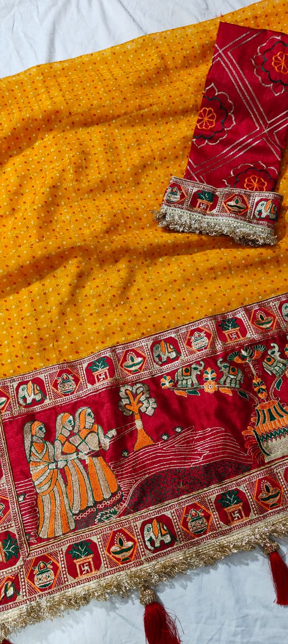 Yellow Pure Heavy Soft Silk Bandhani Gharchola Chex Panetar Saree
