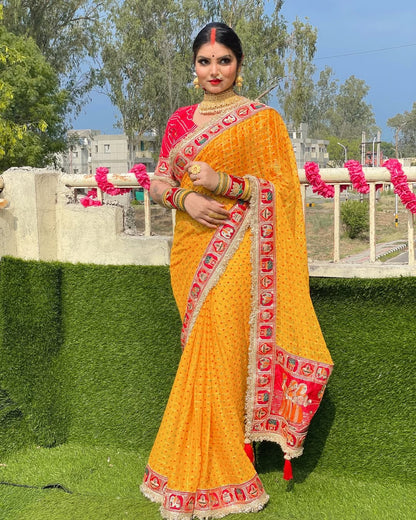 Yellow Pure Heavy Soft Silk Bandhani Gharchola Chex Panetar Saree Panetar Saree Anant Tex Exports Pvt.Ltd..