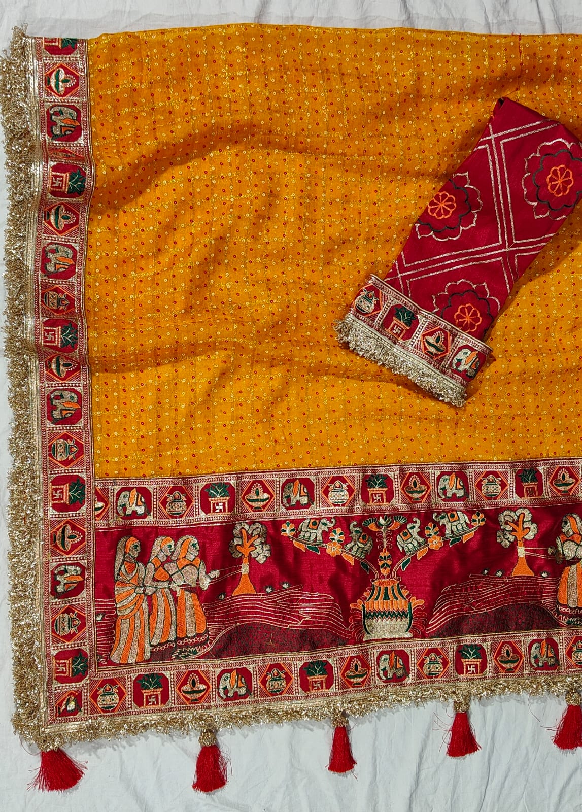 Yellow Pure Heavy Soft Silk Bandhani Gharchola Chex Panetar Saree