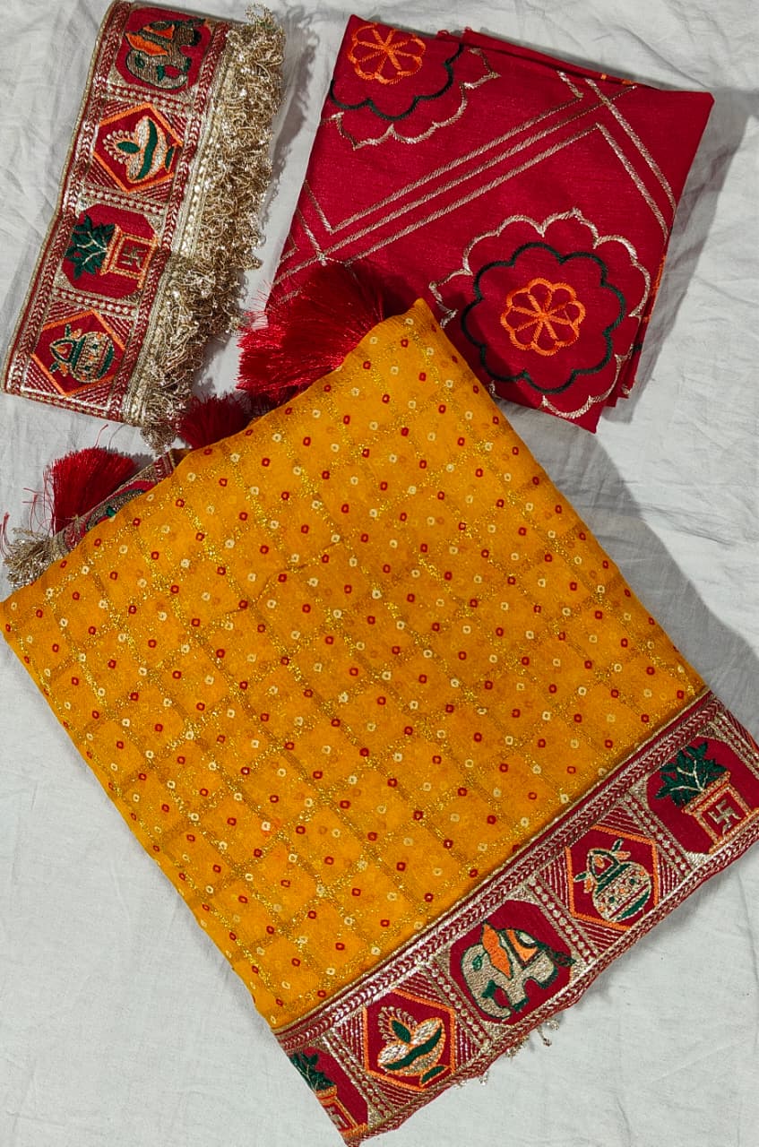 Yellow Pure Heavy Soft Silk Bandhani Gharchola Chex Panetar Saree