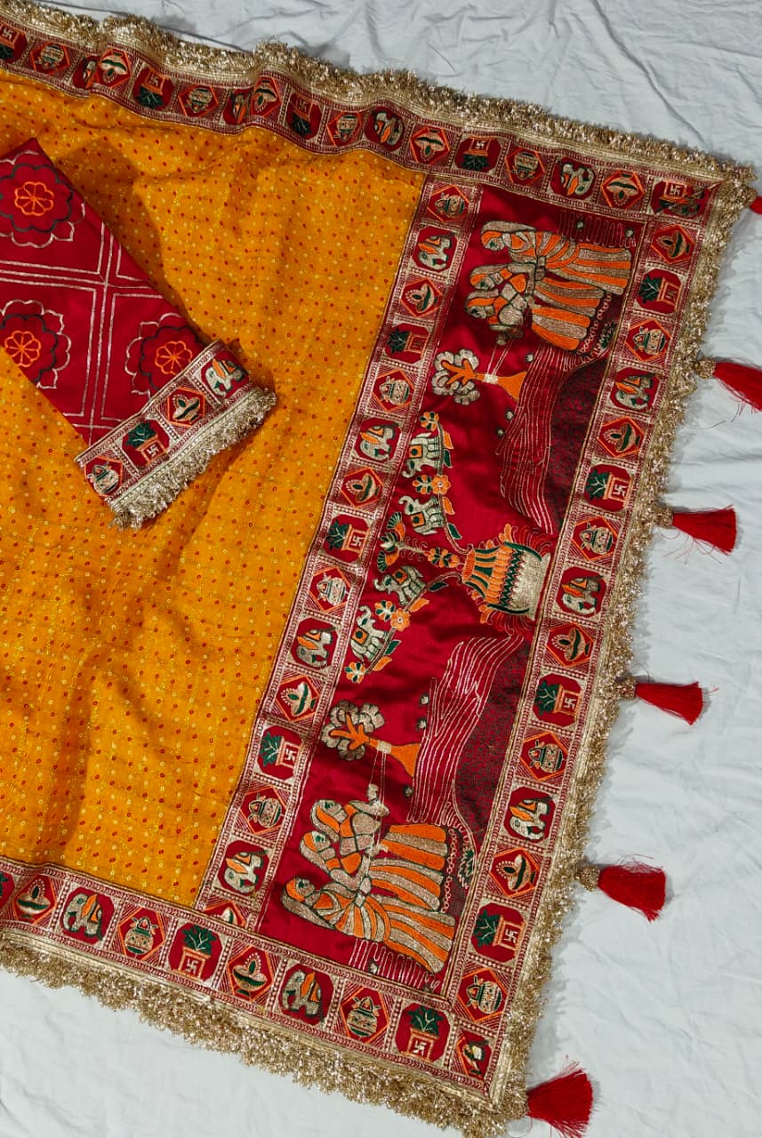 Yellow Pure Heavy Soft Silk Bandhani Gharchola Chex Panetar Saree