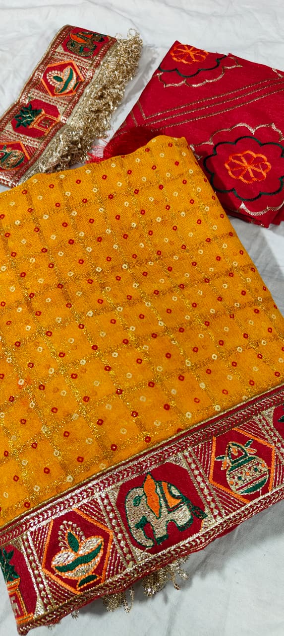 Yellow Pure Heavy Soft Silk Bandhani Gharchola Chex Panetar Saree