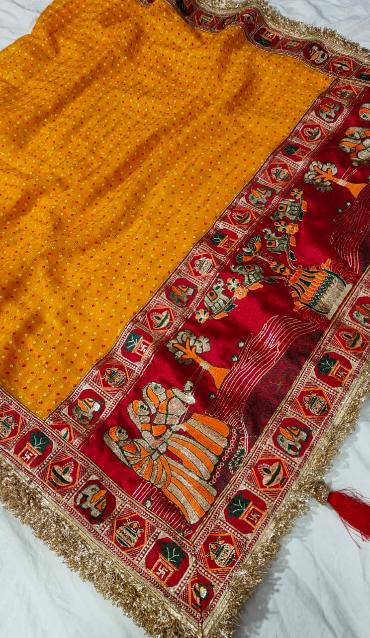 Yellow Pure Heavy Soft Silk Bandhani Gharchola Chex Panetar Saree