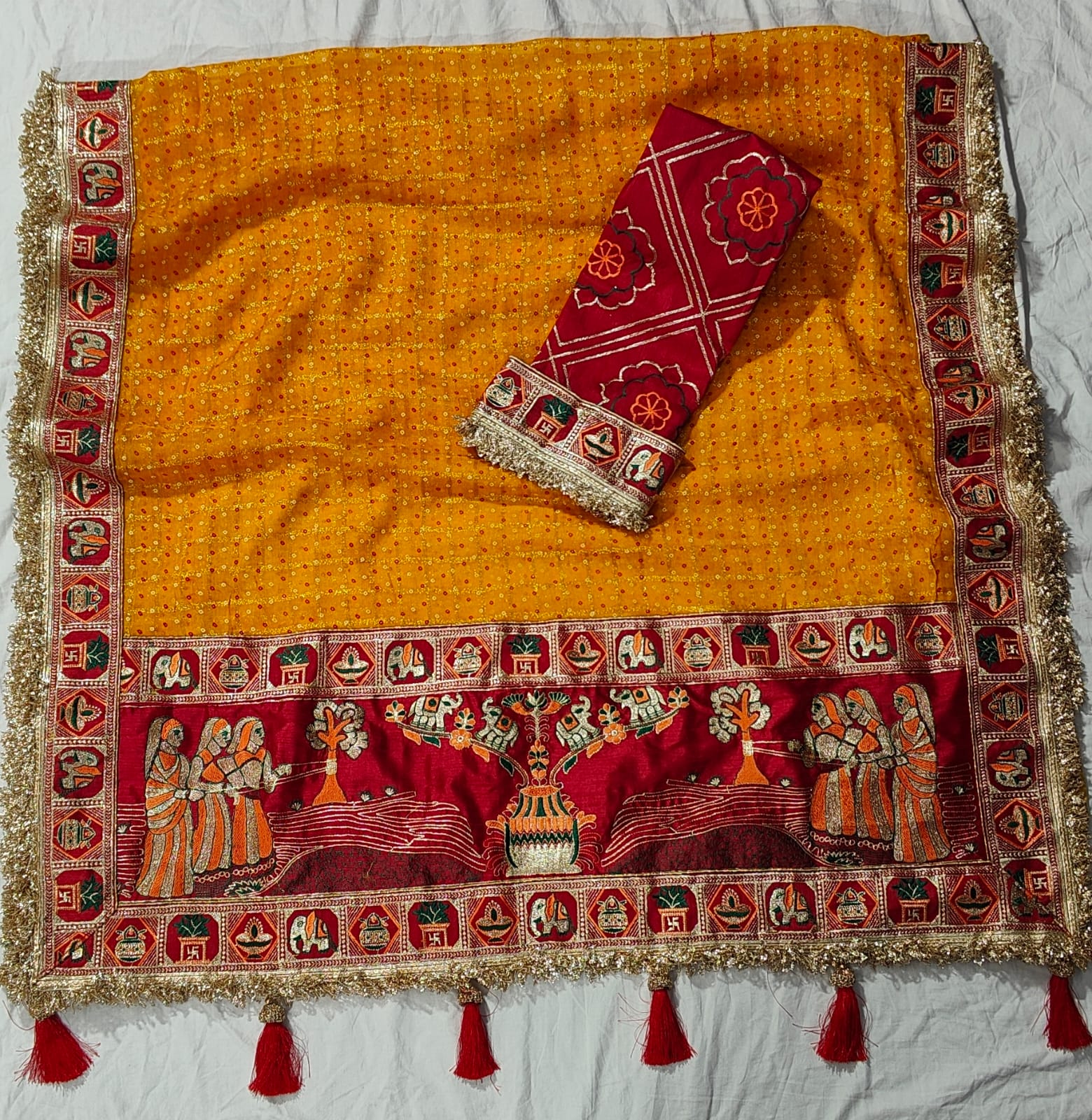 Yellow Pure Heavy Soft Silk Bandhani Gharchola Chex Panetar Saree